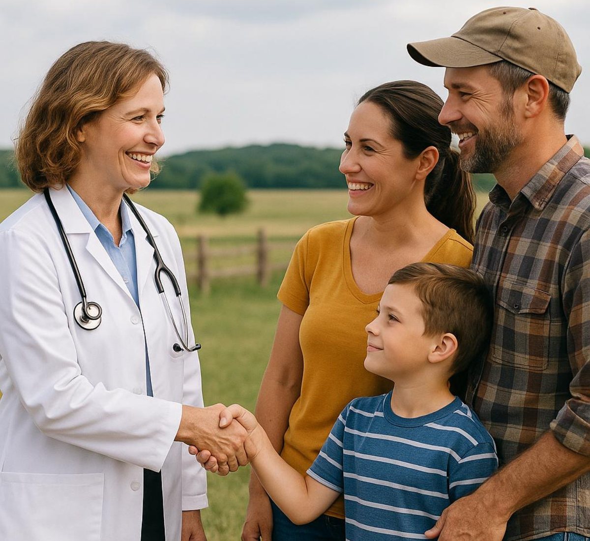 A provider greeting a smiling family outdoors